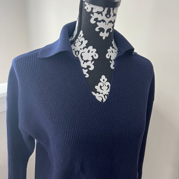 Navy Blue Ribbed Collared Sweater - Picture 3 of 6